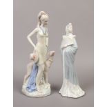 A Nao ceramic figure of a lady holding a fan, along with a ceramic figure of a girl and hound.