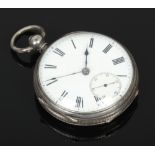 A Victorian silver cased fusee pocket watch with enamel dial and subsidiary seconds, assayed
