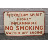 A vintage painted cast metal warning sign, petroleum spirit by Hills of London.
