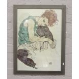 After Egon Schiele, framed print, seated woman with bent knees.