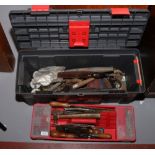 A 26 inch plastic tool box and contents of various tools, hammer, chisels, grips and saws etc.