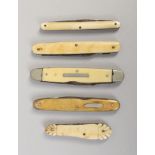 Five vintage ivory handled pen knives.