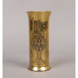 A Keswick School of Industrial Arts planished brass cylindrical vase. Embossed with a bird, tree,