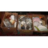 Three boxes of miscellaneous to include ceramic Wade Bells Whisky decanter, Hornsea pottery,