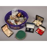 A box of costume jewellery to include pair of hallmark silver cufflinks, necklaces, rings,