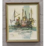 A framed oil on canvas, seascape with three fishing boats.