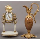 A French style gilt metal and alabaster 8 day mantle clock, along with a decorative gilt metal and