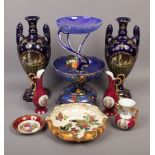 A group of decorative ceramics and glass including a pair of blue ground Royal Limoges mantle