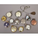 A box of pocket watches, mainly quartz examples.