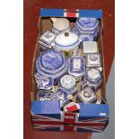 A box of collectables Ringtons advertising pottery including tea caddies, commemorative and jugs.