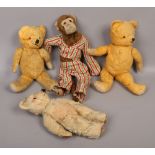 Three jointed teddy bears and a jointed monkey to include growler example.