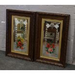 A pair of oak framed gypsy mirrors, reverse painted with flowers and butterflies.