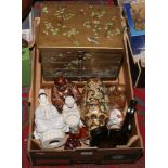 A box of decorative oriental items including Buddha statues and a gilded jewellery casket.