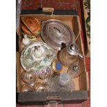 A box of miscellaneous to include cut glass decanter, Babycham glasses, silver plate etc.