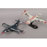 Two Hobby Craft Diecast metal model aircraft, one on display stand, two United States Navy F9F-2