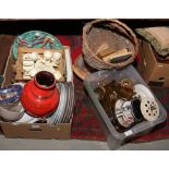 Two boxes of miscellaneous including ceramics and glass, Lurpack advertising figure, basketware