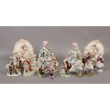 A group of Capodimonte and Meissen style ceramic ornaments and figures including a pair of corbels.