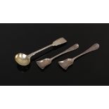 Three Georgian silver condiment spoons including a fiddle pattern mustard spoon, assayed london