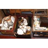 Three boxes of miscellaneous to include bone china teawares, framed motor car prints, wooden ruler