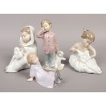 Four Nao figurines to include, boy with teddy bear, sitting girl etc.