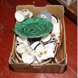 A box of miscellaneous including a 19th century Copeland leaf moulded plate, bone china teawares