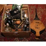 A box of miscellaneous collectables to include leather bellows, brass candlesticks, cased slide