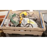 A box of power tools including battery circular saw, angle grinder, belt sander etc.Condition report