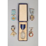 Five masonic badges, four silver examples including Founder, Steward and Royal Masonic Hospital