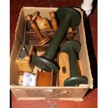 A box of wooden items to include coffee grinder, pair of candlesticks, boxes etc.