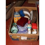 A box of miscellaneous to include a pair of character jugs, cabinet plates, blue and white ceramics,