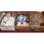 Three boxes of miscellaneous to include silver plated basket, glasswares, blue and white ceramics,