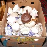 A box of miscellaneous ceramics Royal Worcester (damaged) Sage by Minton stone flask decorated