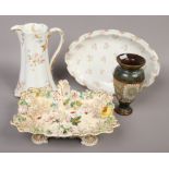 A 19th century English porcelain basket, along with a Royal Doulton Slaters patent vase and a