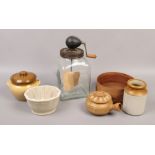 A group lot of kitchenalia to include blow butter churn, stoneware jellymould etc.