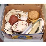 A box of miscellaneous pottery, ceramics and glass to include stoneware flour jar, Greys pottery