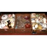 Three boxes of miscellaneous to include Royal Winton lidded vase, Royal Doulton, coloured glass, two