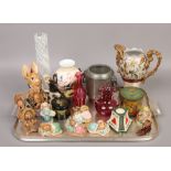 A tray of mixed ceramics and glass to include Royal Doulton, Pendelfin, cranberry glass, Beswick