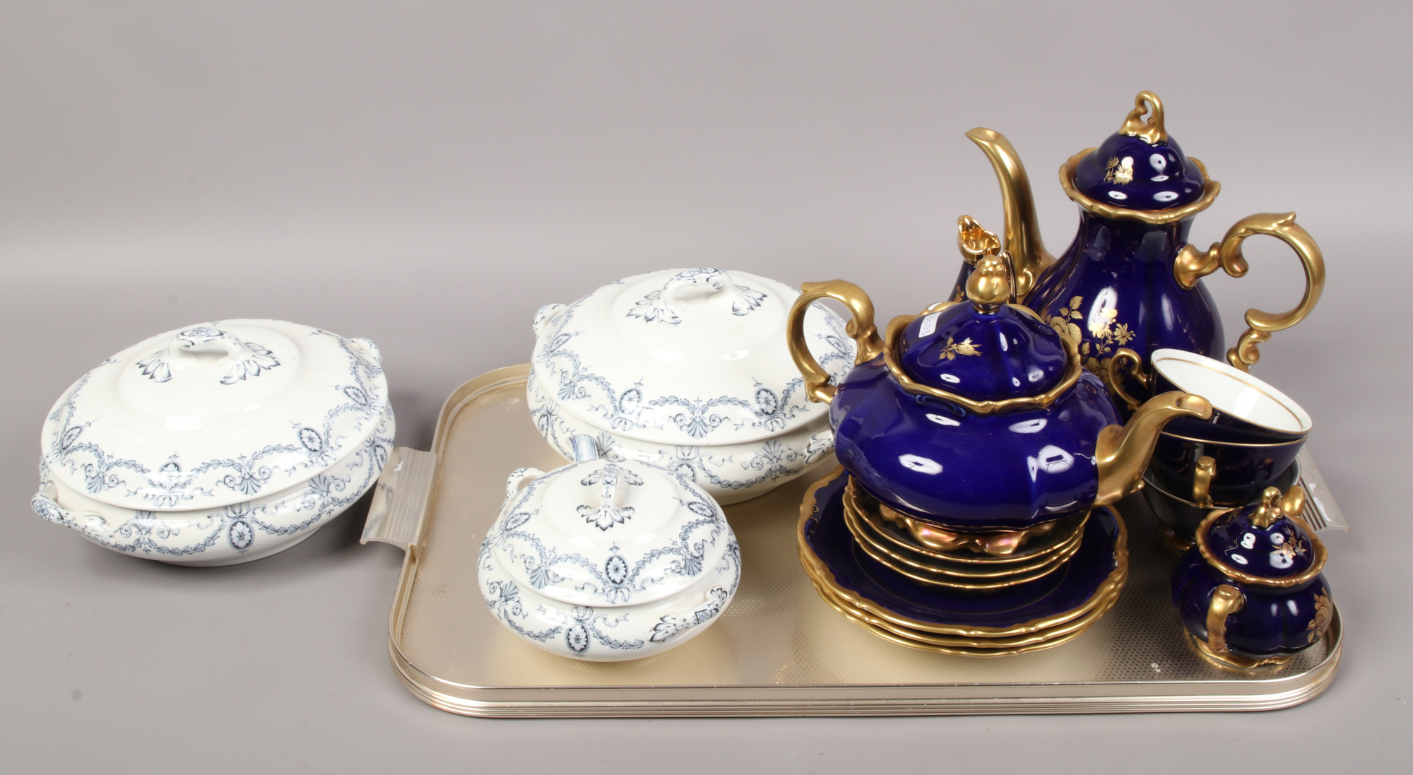 A West German three place Bavarian cobalt blue coffee service, along with three decorative tureens.