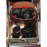 A box of photographic equipment to include Pentax and Praktica SLR cameras, Toshiba flash unit,