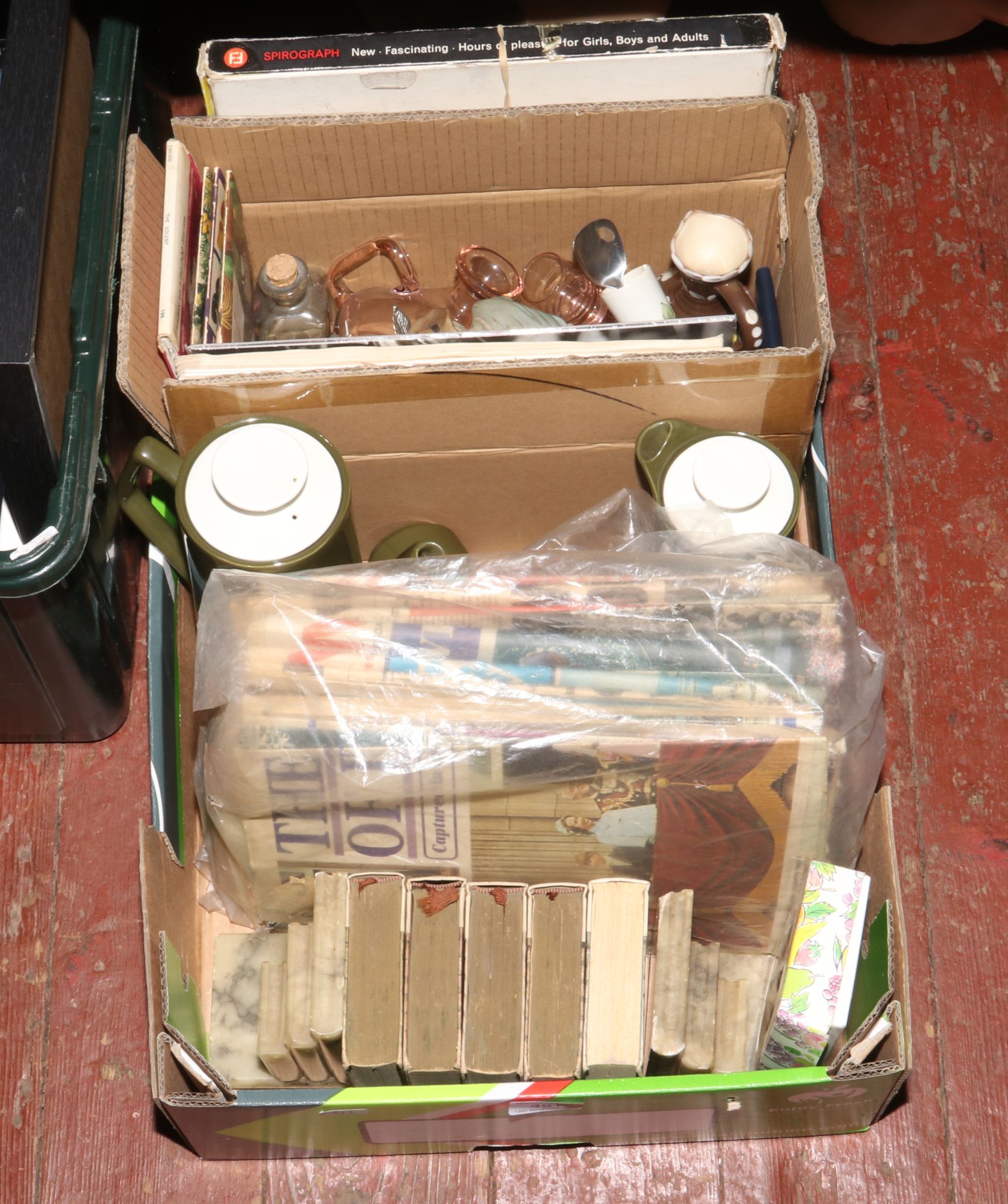 A box of miscellaneous Beswick four place coffee set, Capodimonte figure of a cobbler, marble effect