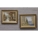 Two gilt framed oils on canvas, one signed both depicting rural river landscapes, along with a
