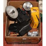A box of photographic equipment including boxed Kodak Brownie Reflex, Koroll 24 5, Lubitel 166B TLR,