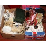 Two boxes of miscellaneous including two oriental figures of geisha girls, art glass bottle,