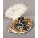 A Pompadour pearls shell shade box and contents of costume jewellery including yellow metal