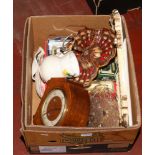 A box of miscellaneous pottery and glass, boxed Diecast toy vehicles and a walnut cased 8 day mantle