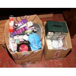 Two boxes of crafting items to include adhesive spray, oven bake clay, sequins etc.