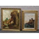 Two gilt framed oil paintings, coastal scene with a ruined abbey and a river landscape.