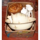 A box of miscellaneous including Shelley, Crown Ducal wash jug and bowl, Portmeirion game pie