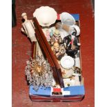 A box of miscellaneous to include lustre glaze six part tea set, Portmeirion jug, decorative table