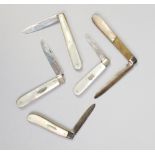 Five silver fruit knives, all having mother of pearl scales, including Victorian examplesCondition